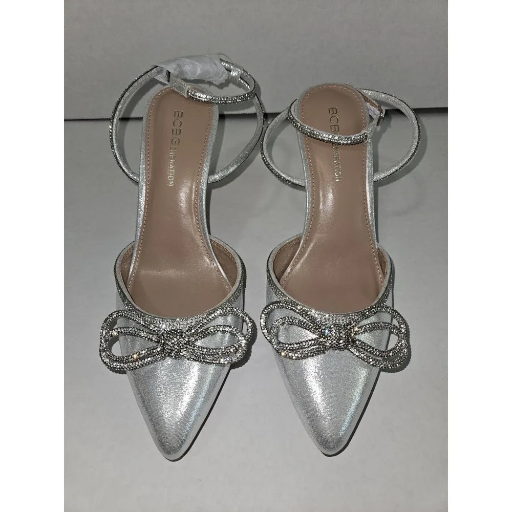BCBGeneration Annese Silver And Rhinestone Heels Ankle Straps Size 8 Swiftie